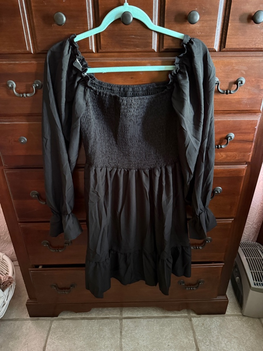 Black Smocked Bodice Long Sleeve Mini Dress